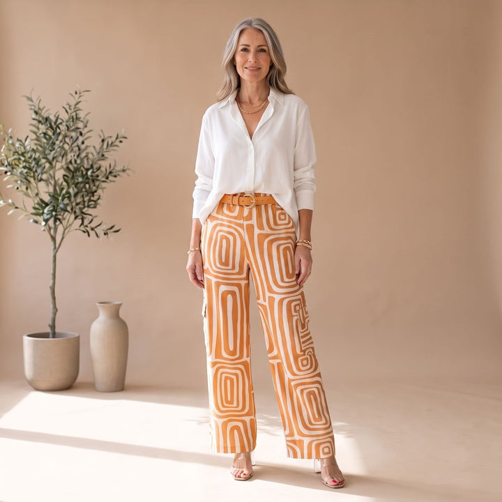 Damen Zweiteiler Weite Hose mit Geometrischem Muster und Gürtel - Orange