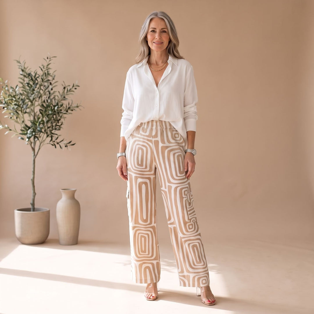Damen Zweiteiler Weite Hose mit Geometrischem Muster und Gürtel