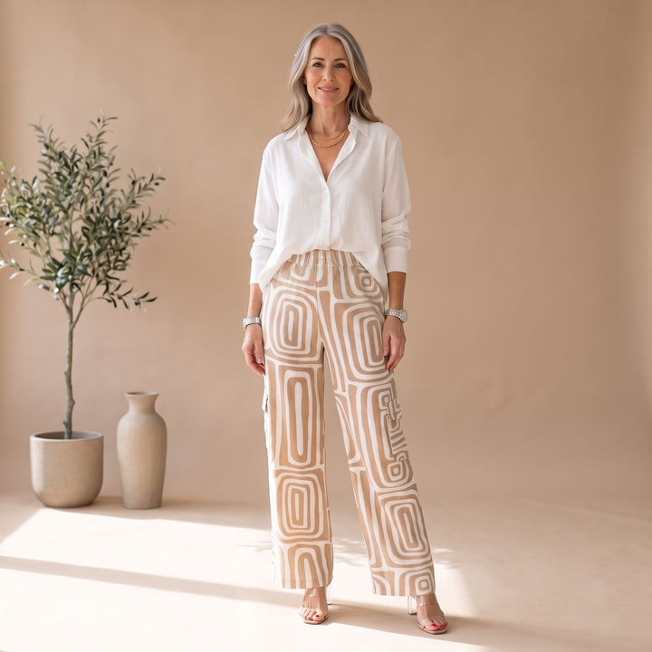 Damen Zweiteiler Weite Hose mit Geometrischem Muster und Gürtel