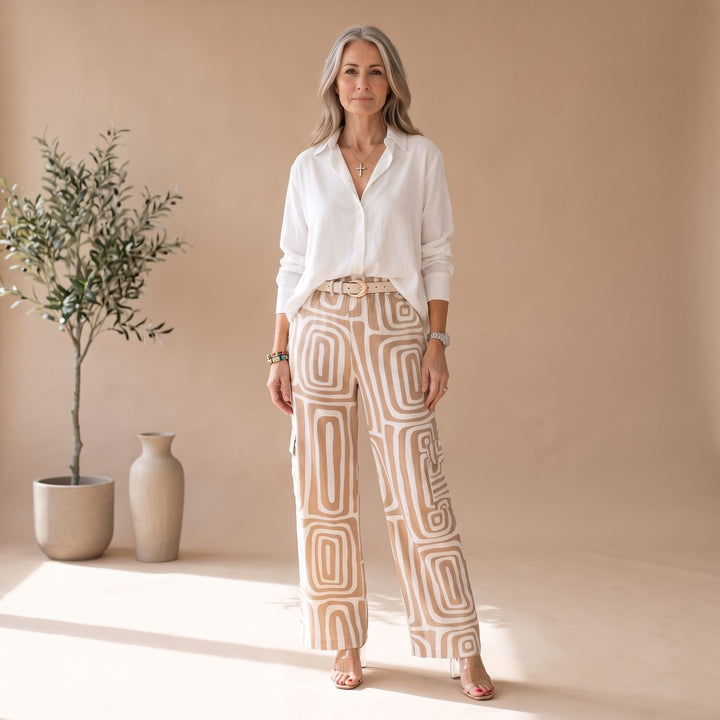 Damen Zweiteiler Weite Hose mit Geometrischem Muster und Gürtel