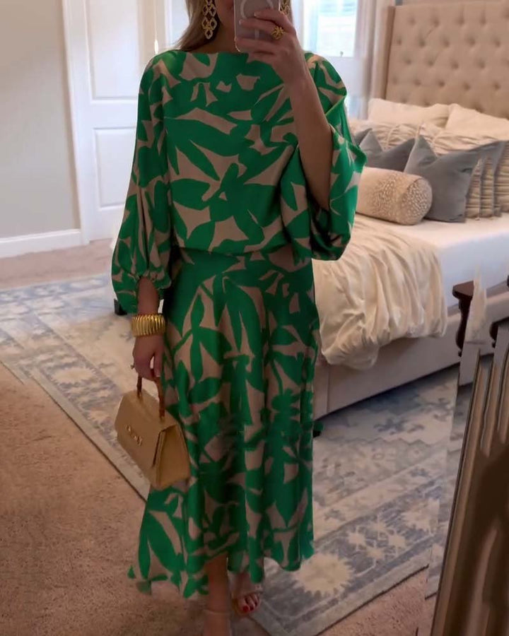 Damen Zweiteiliges Blumen-Print Laternen-Ärmel Set