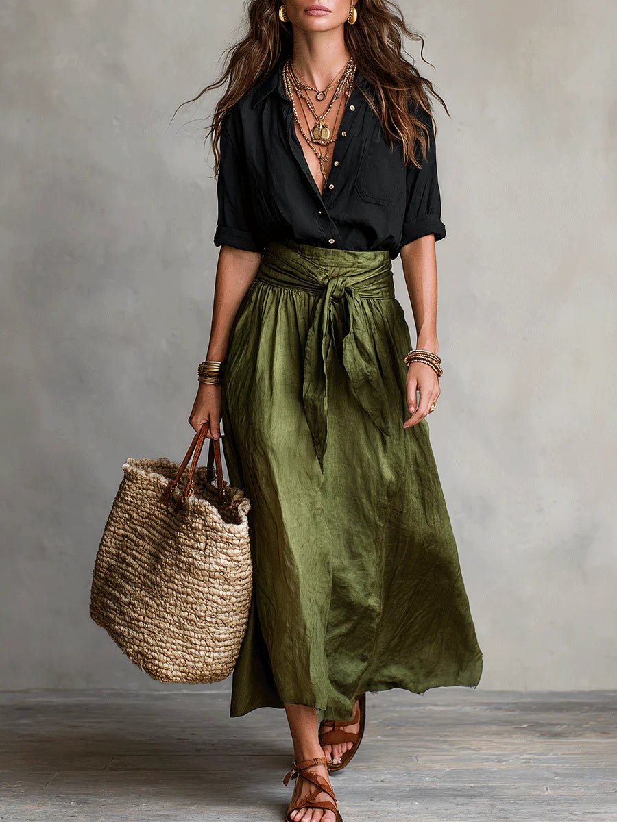 Damen Zweiteiliges High-Waist Button-Up Maxi Set - Green