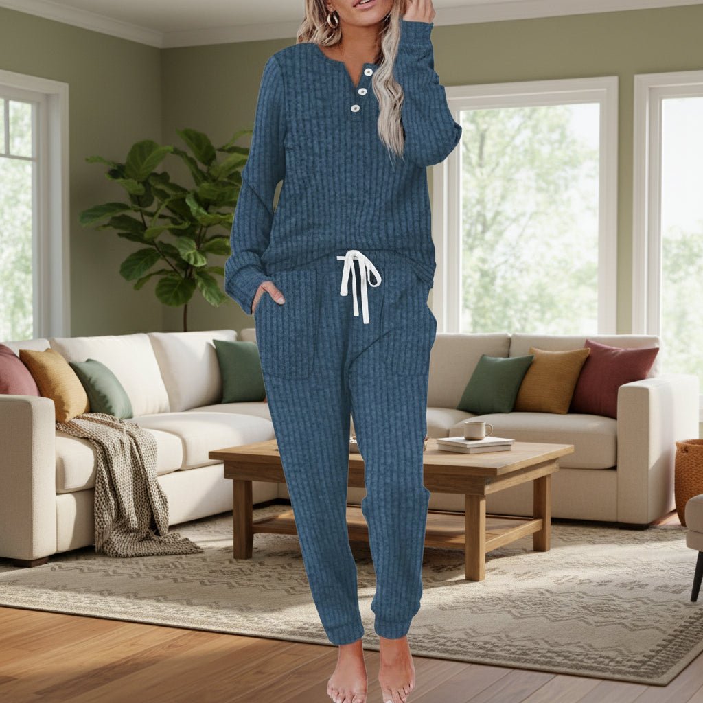 Damen Zweiteiliges Loungewear-Set Langarm Rippenstruktur Kordelzug - Navy Blue