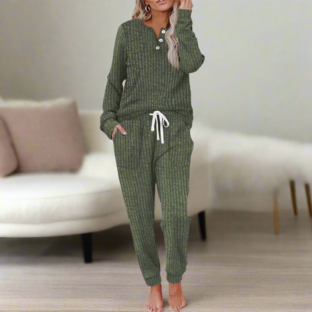 Damen Zweiteiliges Loungewear-Set Langarm Rippenstruktur Kordelzug - Leaf Green