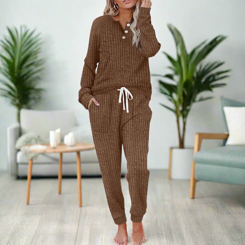 Damen Zweiteiliges Loungewear-Set Langarm Rippenstruktur Kordelzug