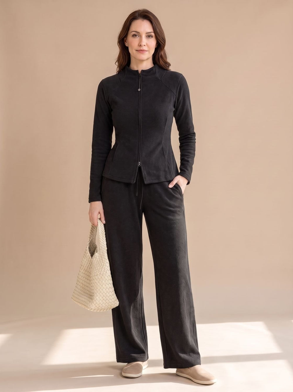 Damen Zweiteiliges Strick-Set Reißverschluss-Jacke Weite Hose, Black - Schwarz
