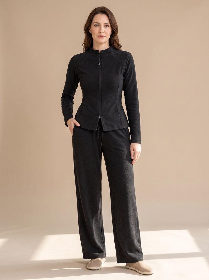 Damen Zweiteiliges Strick-Set Reißverschluss-Jacke Weite Hose, Black