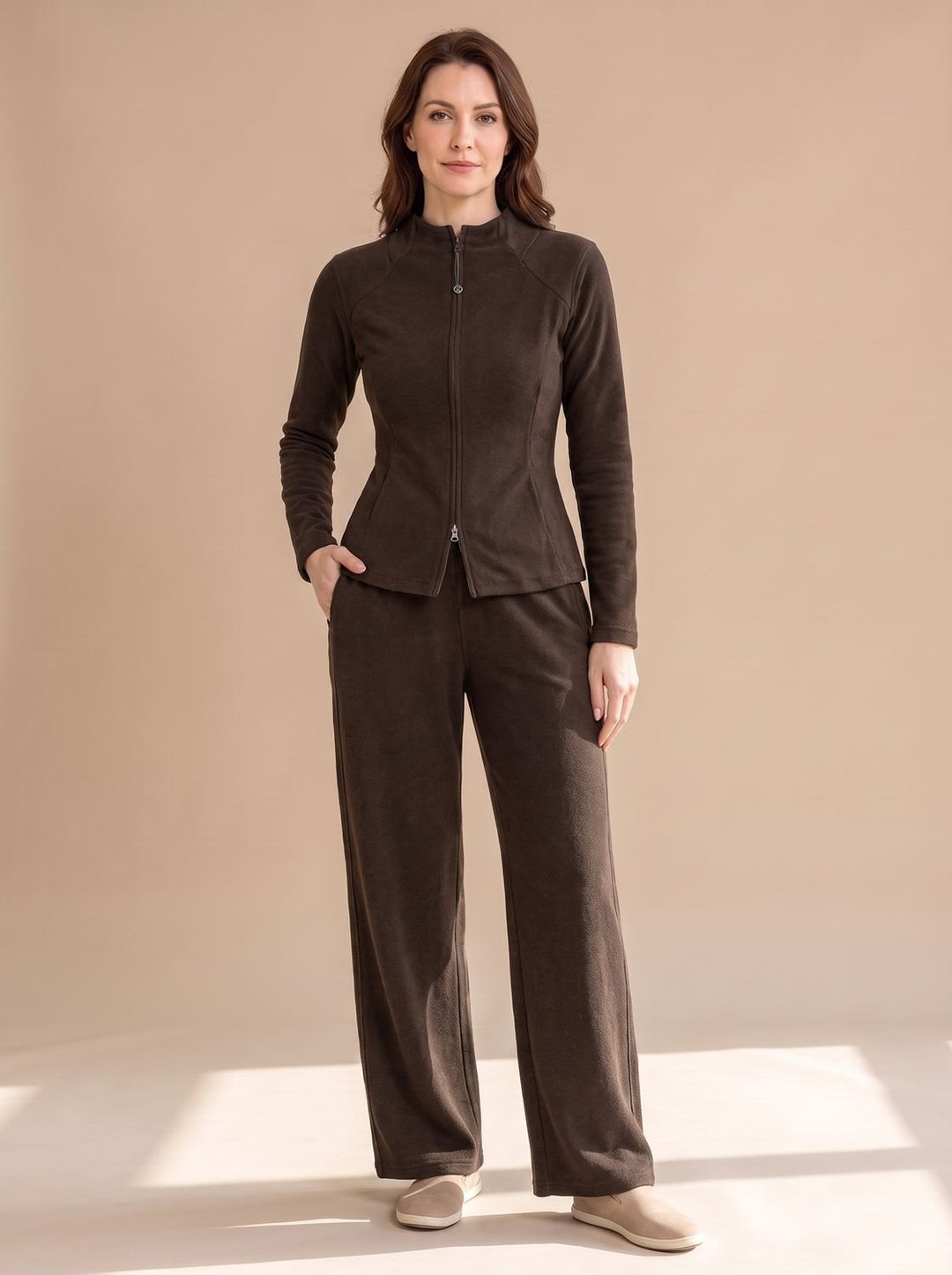 Damen Zweiteiliges Strick-Set Reißverschluss-Jacke Weite Hose, Black - Braun