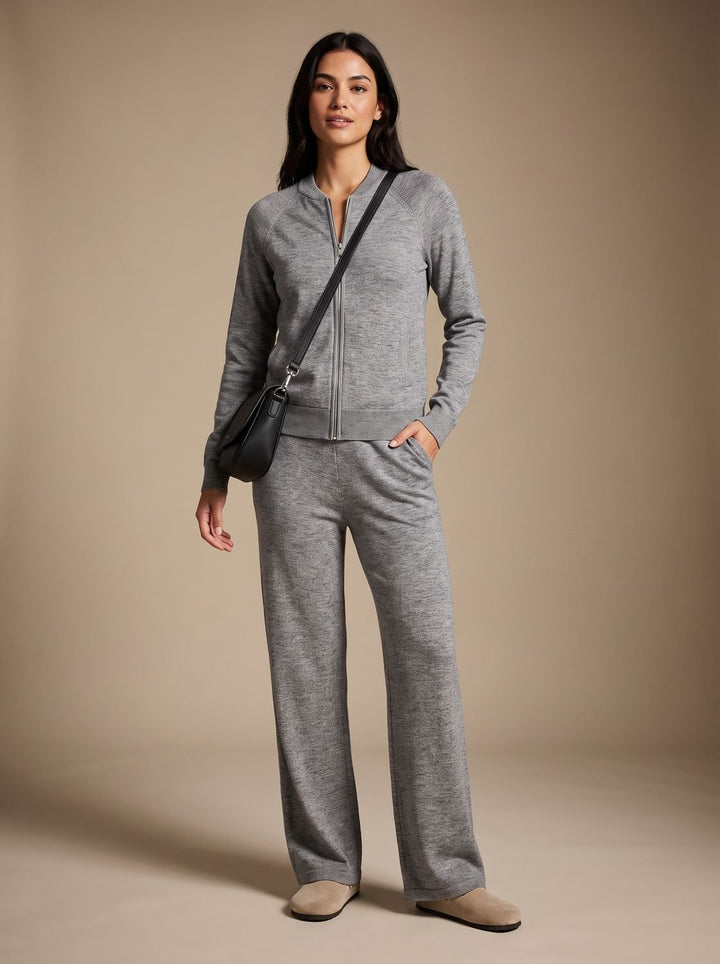 Damen Zweiteiliges Strick-Set Reißverschluss-Jacke Weite Hose, Black - Grau