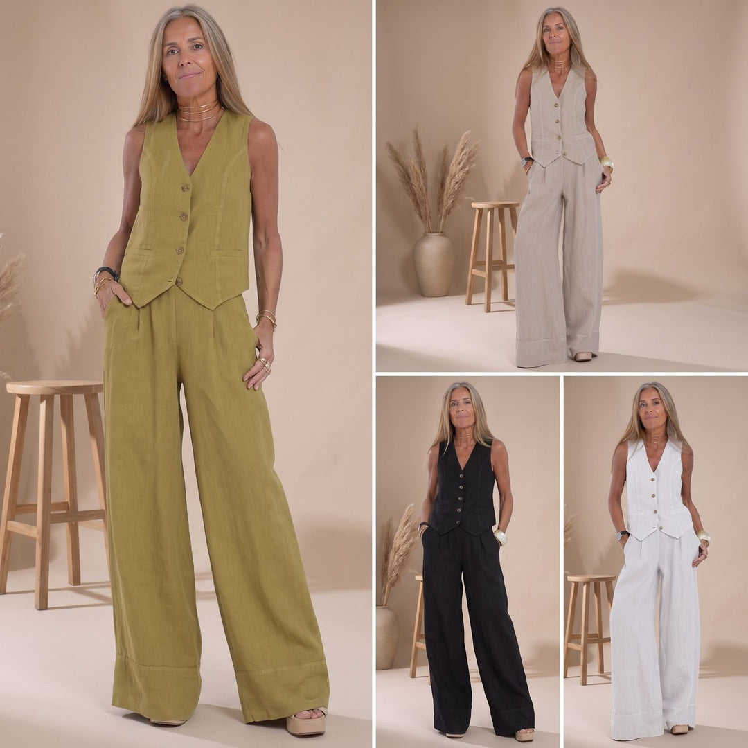 Damen Zweiteiliges Westen-Hosen-Set mit V-Ausschnitt Knöpfen Weitem Bein