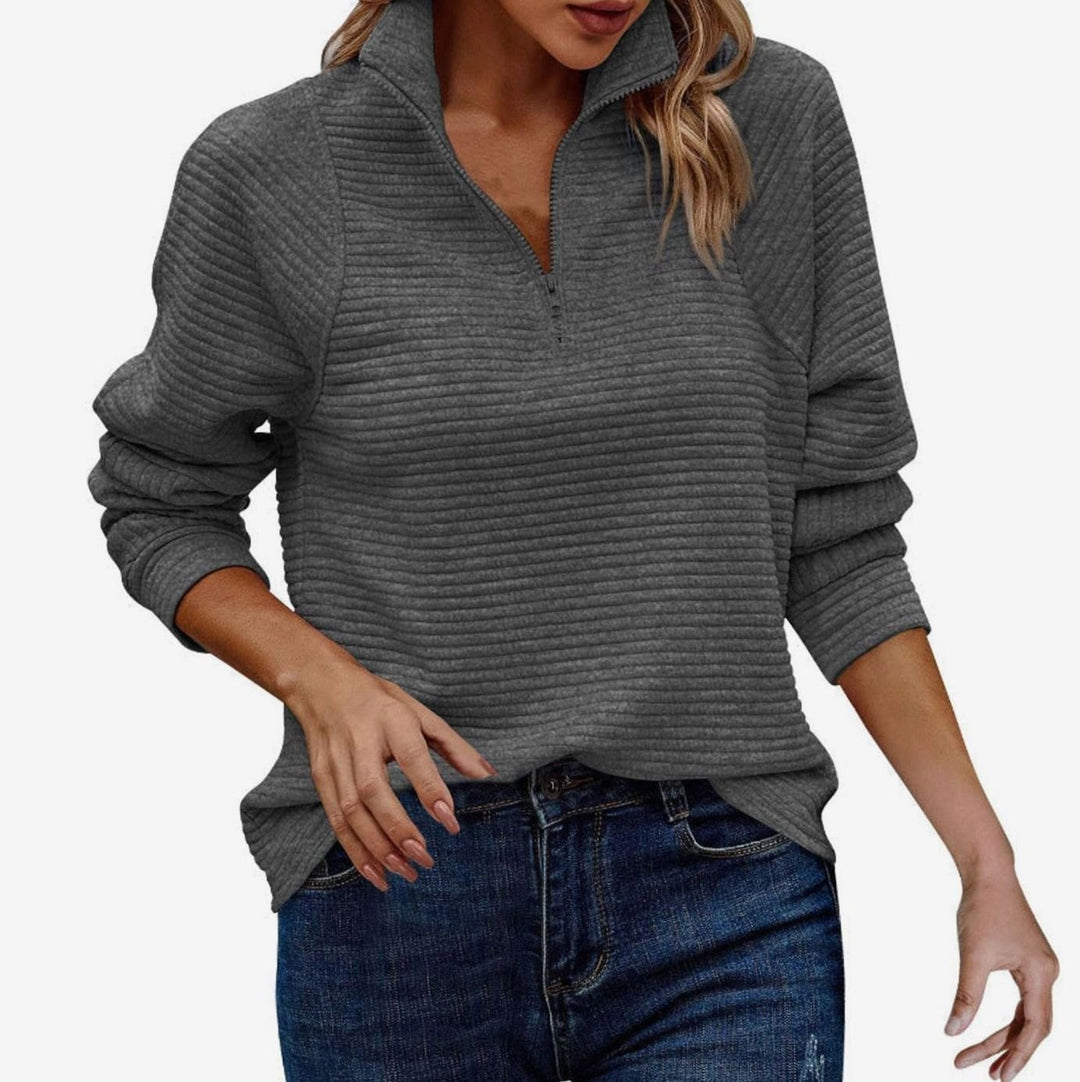 Damenpullover mit Reißverschluss Stehkragen Rippstrick Oversize Sweatshirt - Dunkelgrau
