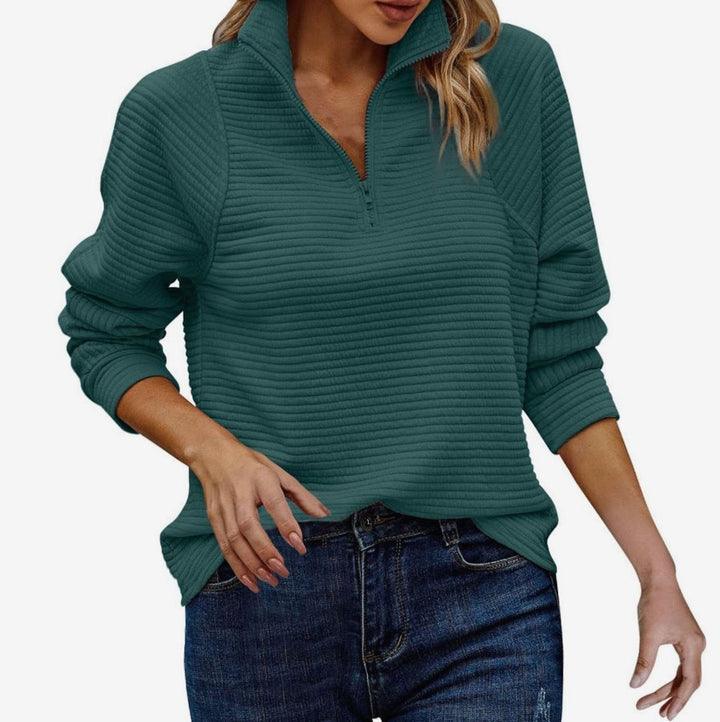 Damenpullover mit Reißverschluss Stehkragen Rippstrick Oversize Sweatshirt - Grün