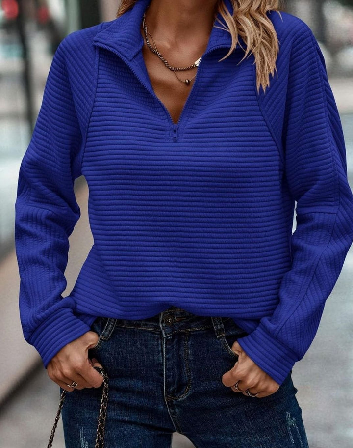 Damenpullover mit Reißverschluss Stehkragen Rippstrick Oversize Sweatshirt - Blau