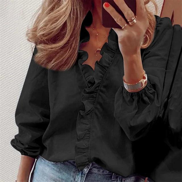 Petra | Damen Bluse mit Rüschen-Detail und V-Ausschnitt