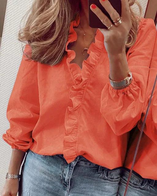 Petra | Damen Bluse mit Rüschen-Detail und V-Ausschnitt