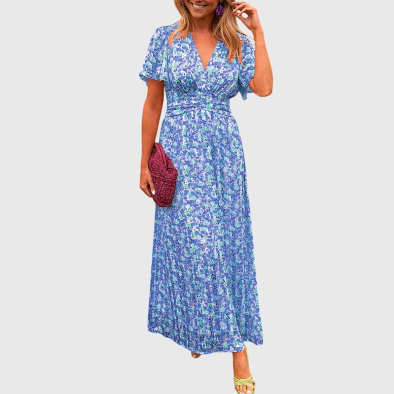 Regine | Damen Maxikleid mit Blumenmuster und Kurzärmeln
