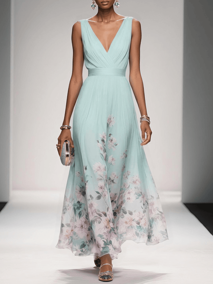 Carolin | Damen Florales Chiffon Sommer Maxikleid