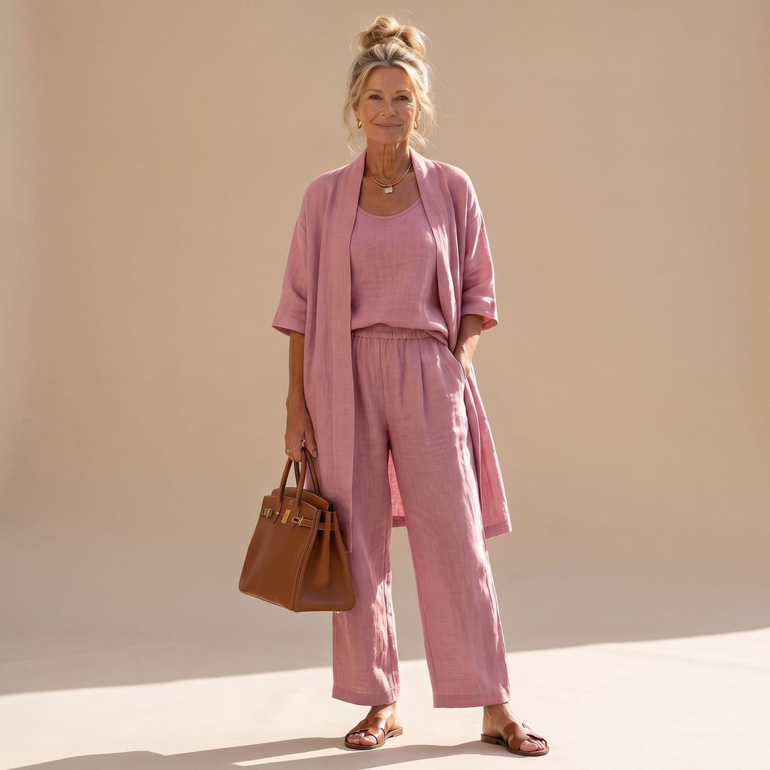 Dreiteiliger Damen Hosenanzug Relaxed Fit Weite Hose Top Cardigan - Rosa