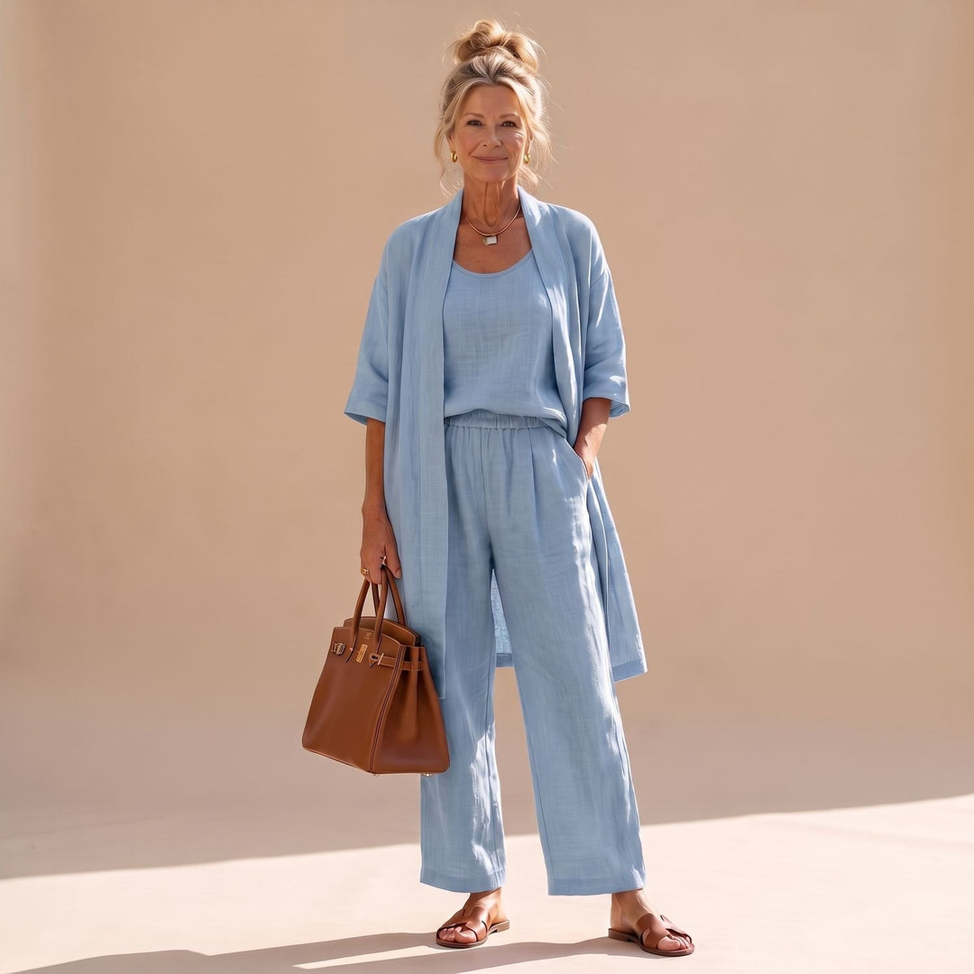 Dreiteiliger Damen Hosenanzug Relaxed Fit Weite Hose Top Cardigan - Blau