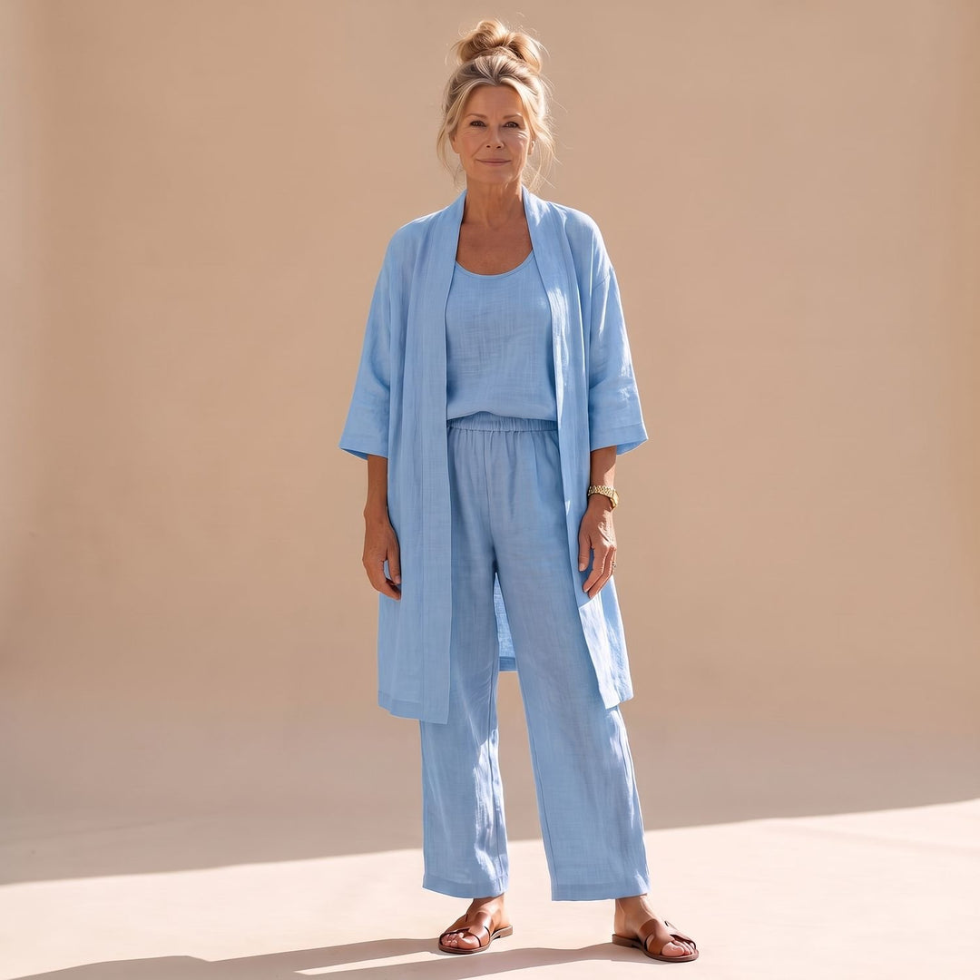 Dreiteiliger Damen Hosenanzug Relaxed Fit Weite Hose Top Cardigan