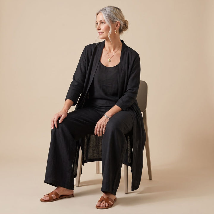 Dreiteiliger Damen Hosenanzug Relaxed Fit Weite Hose Top Cardigan