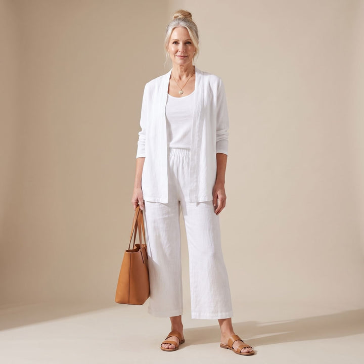 Dreiteiliger Damen Hosenanzug Relaxed Fit Weite Hose Top Cardigan - Weiß