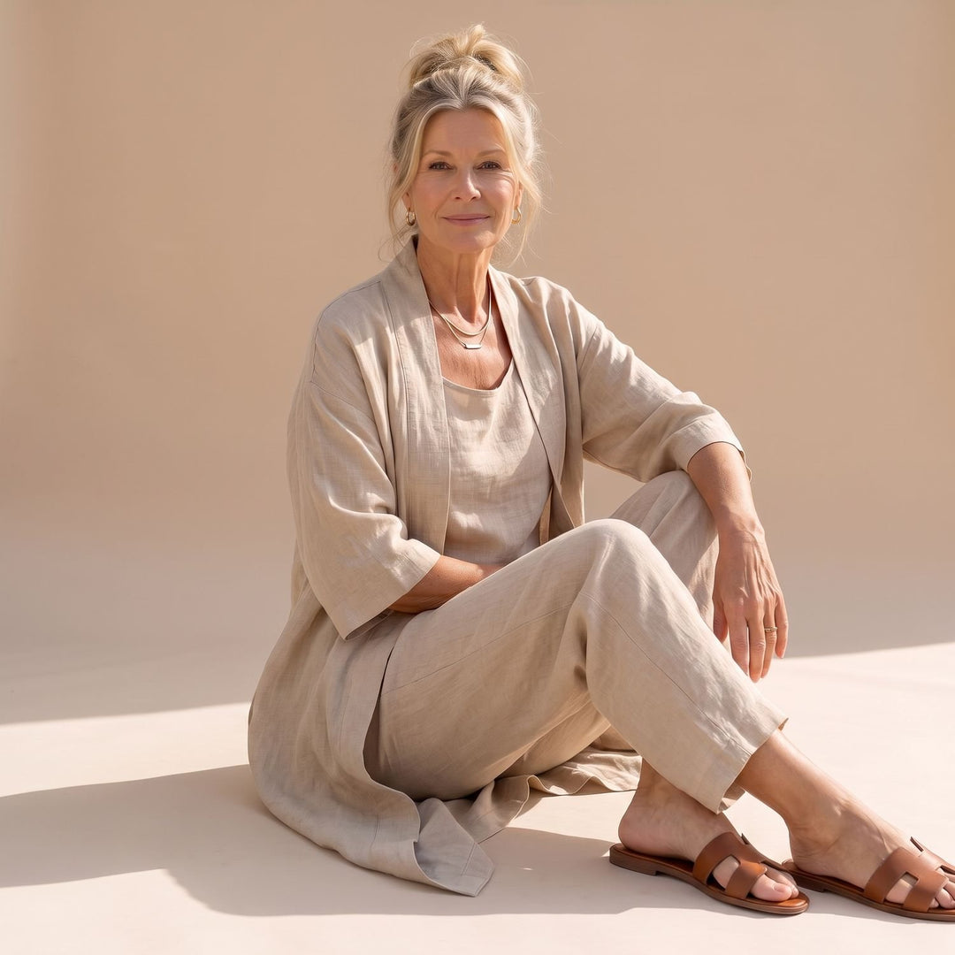 Dreiteiliger Damen Hosenanzug Relaxed Fit Weite Hose Top Cardigan