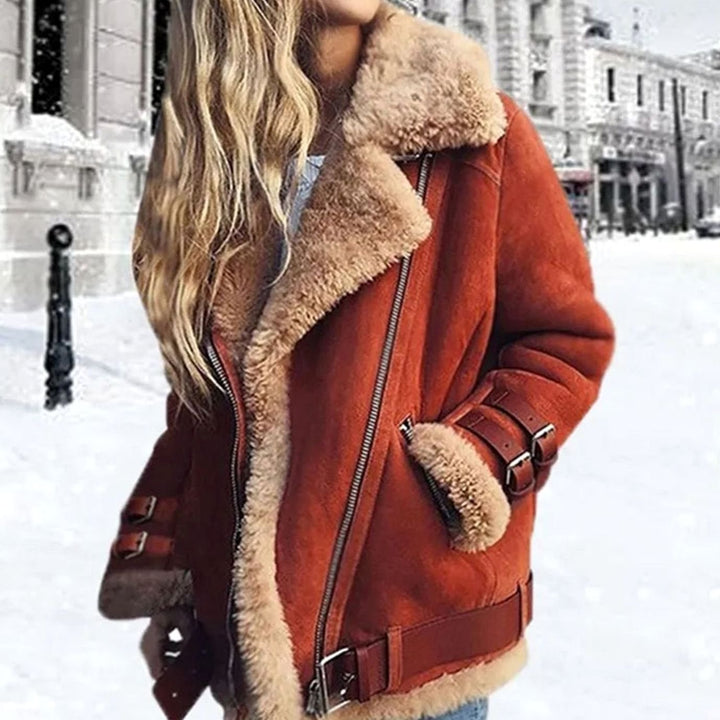 Drune Damen Winterjacke Wildleder Lammfell Bikerjacke mit Schnallen - Orange