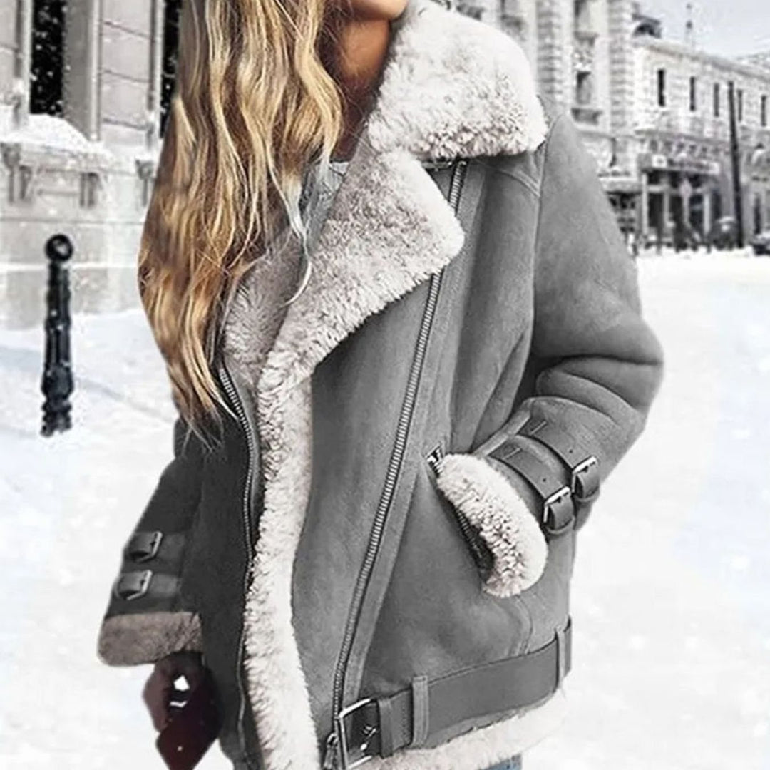 Drune Damen Winterjacke Wildleder Lammfell Bikerjacke mit Schnallen - Grau