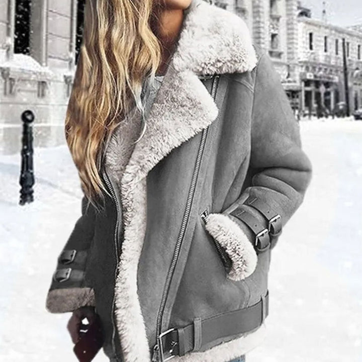 Drune Damen Winterjacke Wildleder Lammfell Bikerjacke mit Schnallen - Grau