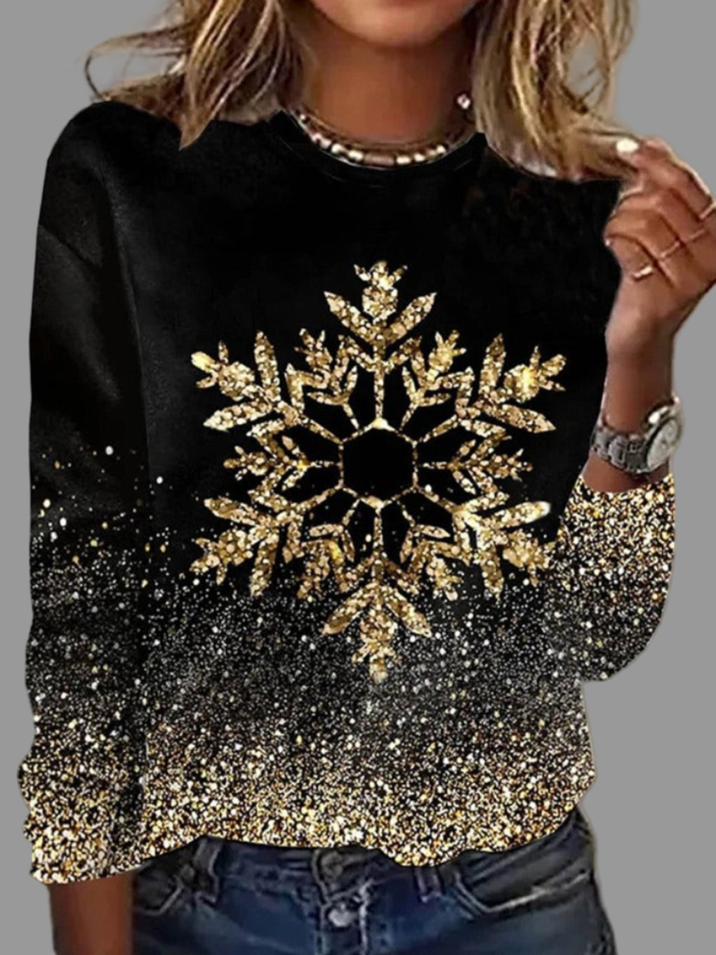 Hanna | Damen-Weihnachtspullover mit goldenen Schneeflocken