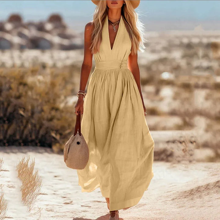 Mia | Damen Boho Neckholder Maxi Leinen-Kleid