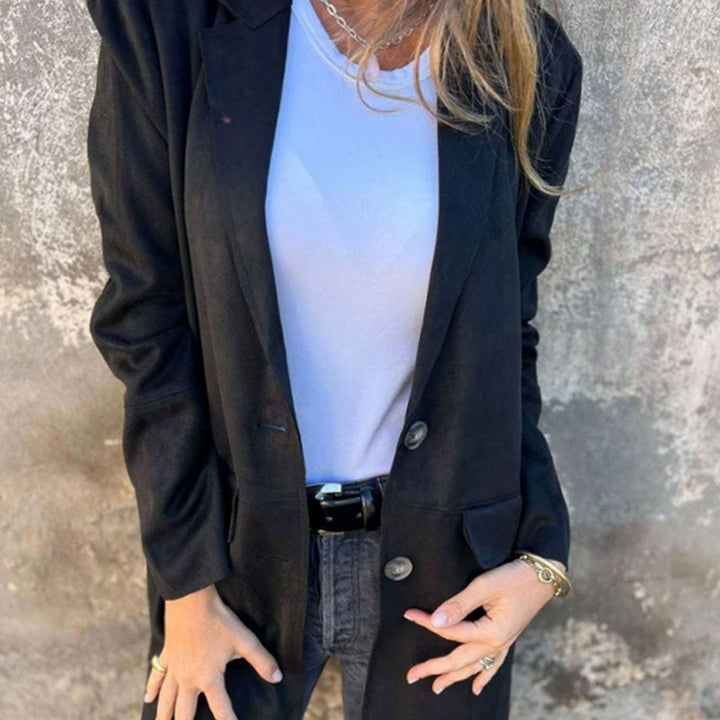 Eleganter Damen Mantel Langer Reverskragen Übergangsjacke - Schwarz