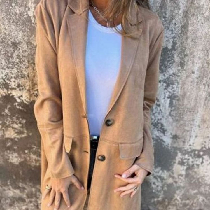 Eleganter Damen Mantel Langer Reverskragen Übergangsjacke - Khaki