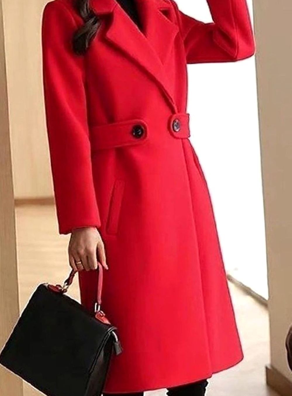 Eleganter Damen Mantel Taillierter Wollmantel mit Gürtel - Rot