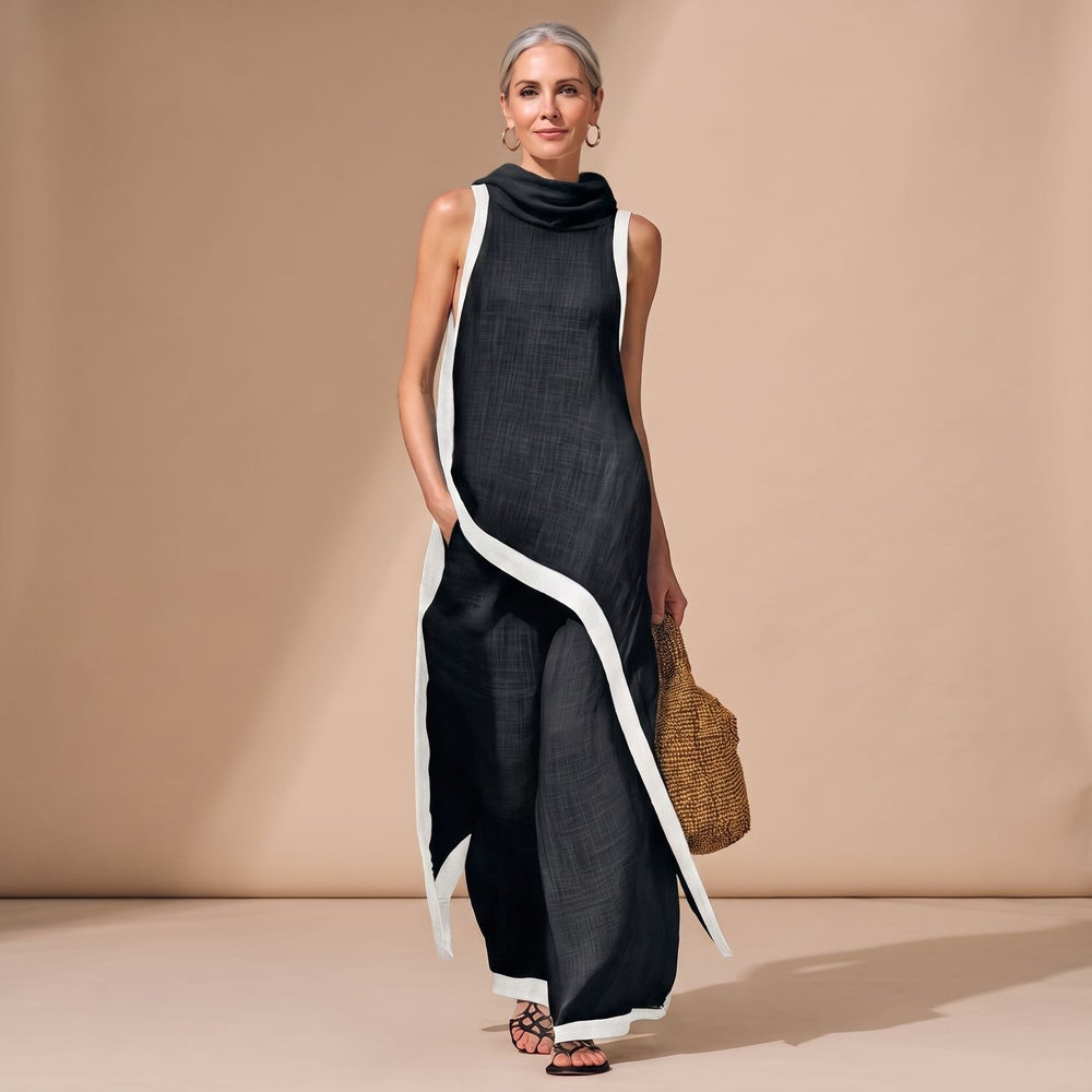 Eleganter Damen Zweiteiler asymmetrisch Rollkragen Weithose - Schwarz