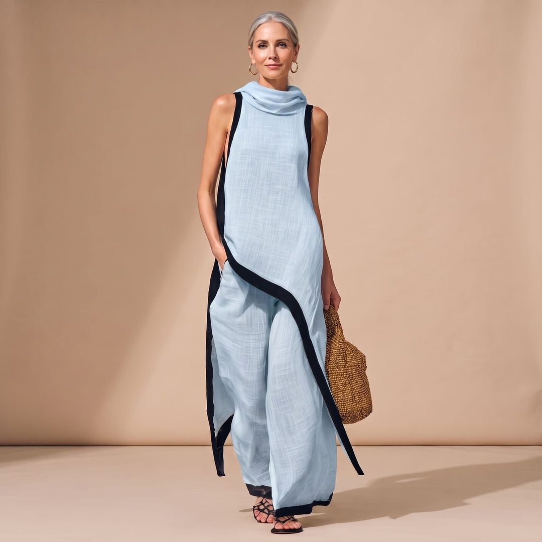 Eleganter Damen Zweiteiler asymmetrisch Rollkragen Weithose - Blau