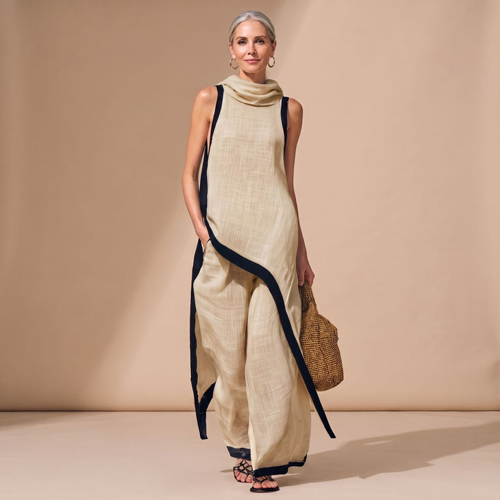 Eleganter Damen Zweiteiler asymmetrisch Rollkragen Weithose - Khaki