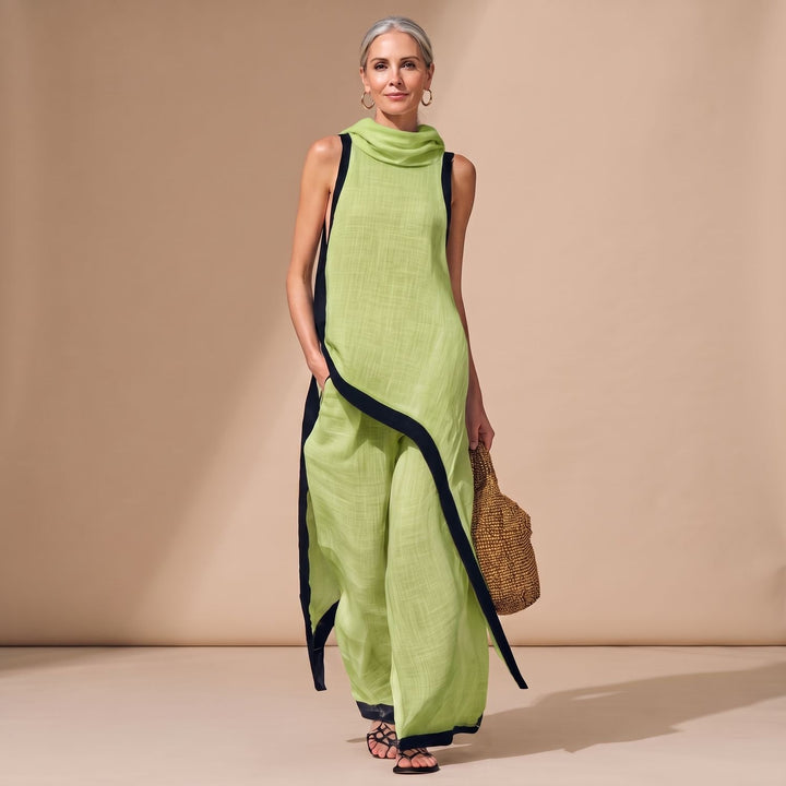 Eleganter Damen Zweiteiler asymmetrisch Rollkragen Weithose - Grün