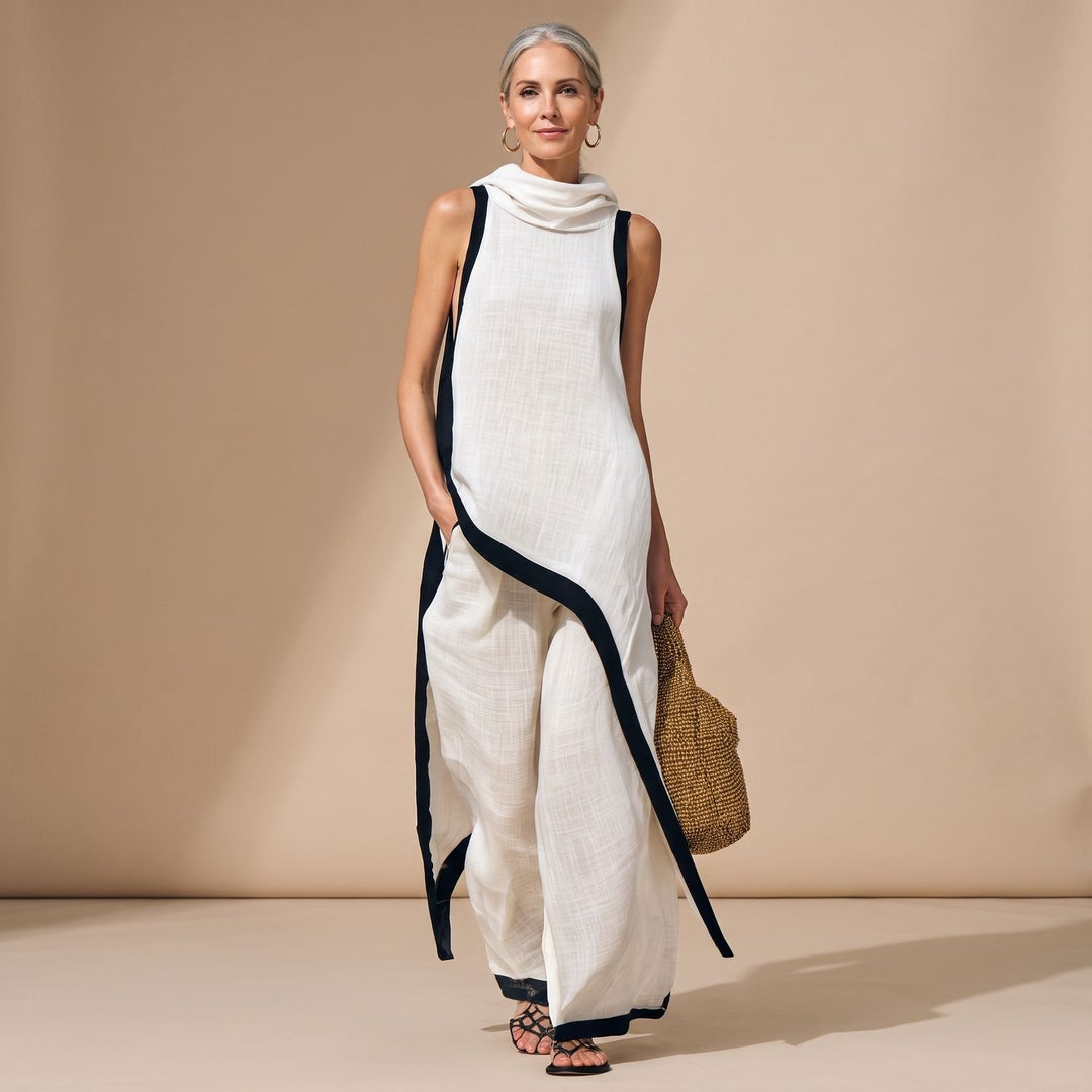 Eleganter Damen Zweiteiler asymmetrisch Rollkragen Weithose - Weiß