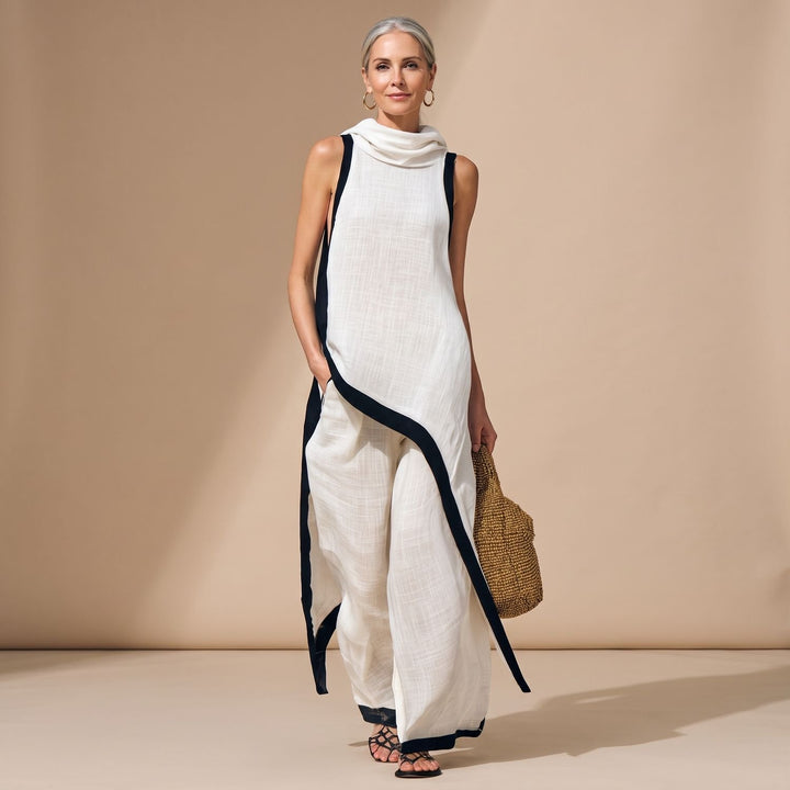 Eleganter Damen Zweiteiler asymmetrisch Rollkragen Weithose - Weiß
