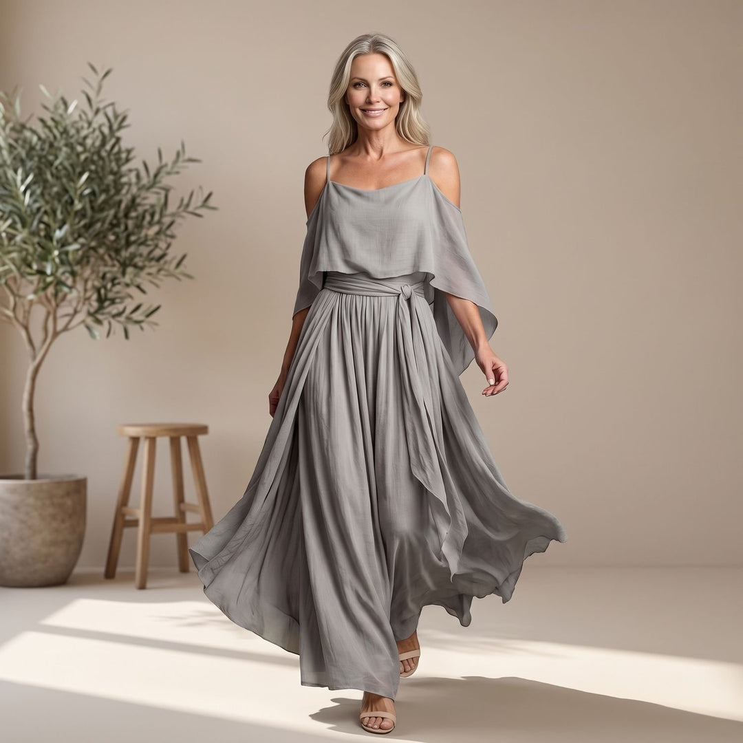 Eleganter Damen Zweiteiler Cold-Shoulder Top Weites Bein - Grau