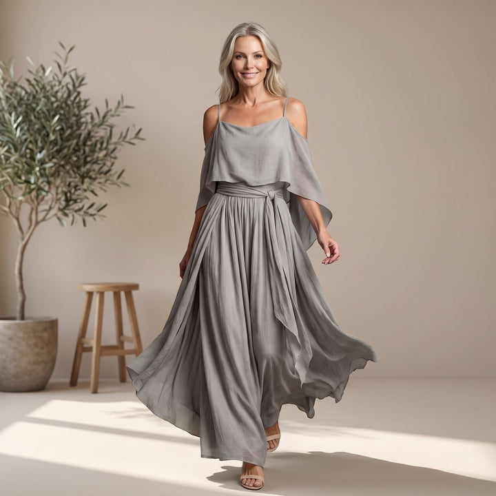 Eleganter Damen Zweiteiler Cold-Shoulder Top Weites Bein - Grau