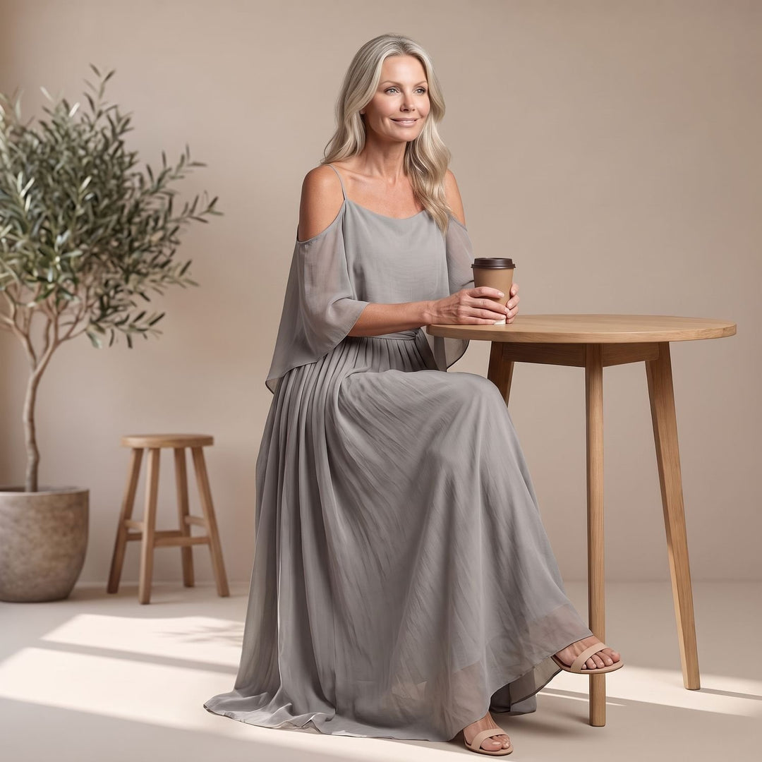 Eleganter Damen Zweiteiler Cold-Shoulder Top Weites Bein