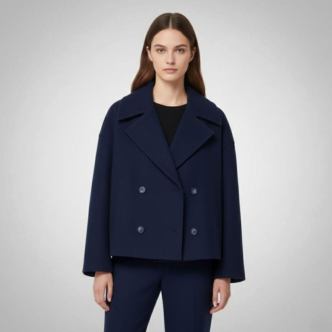 Eleganter Woll-Kurzmantel für Damen Zweireihig Oversized - Marineblau