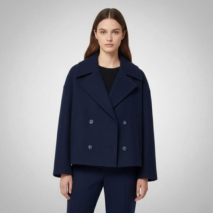 Eleganter Woll-Kurzmantel für Damen Zweireihig Oversized - Marineblau