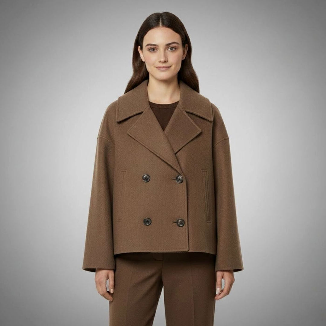 Eleganter Woll-Kurzmantel für Damen Zweireihig Oversized - Braun