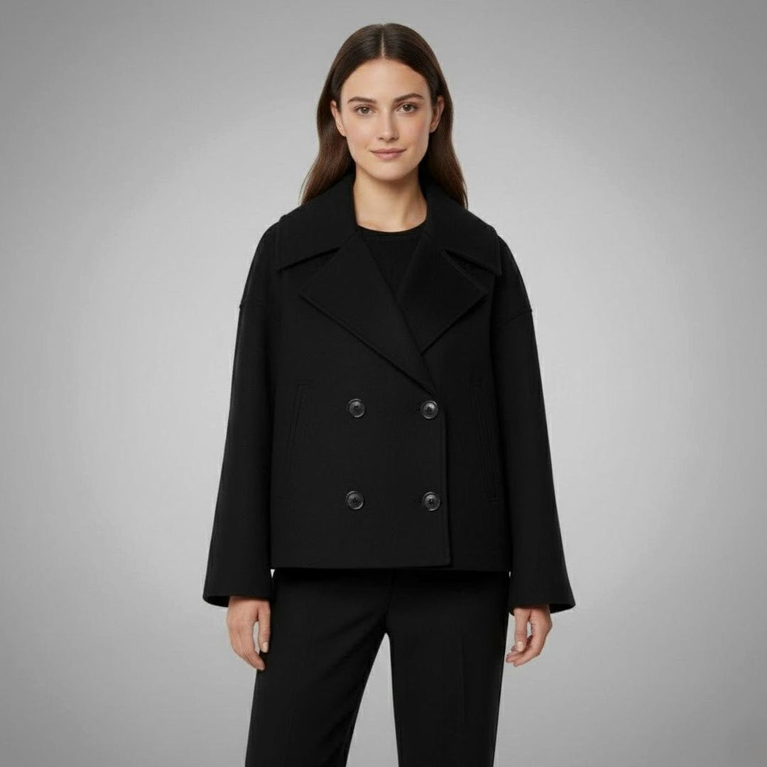 Eleganter Woll-Kurzmantel für Damen Zweireihig Oversized - Schwarz