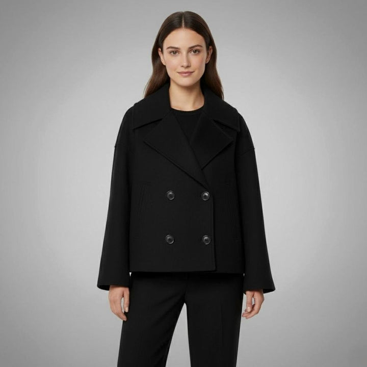 Eleganter Woll-Kurzmantel für Damen Zweireihig Oversized - Schwarz