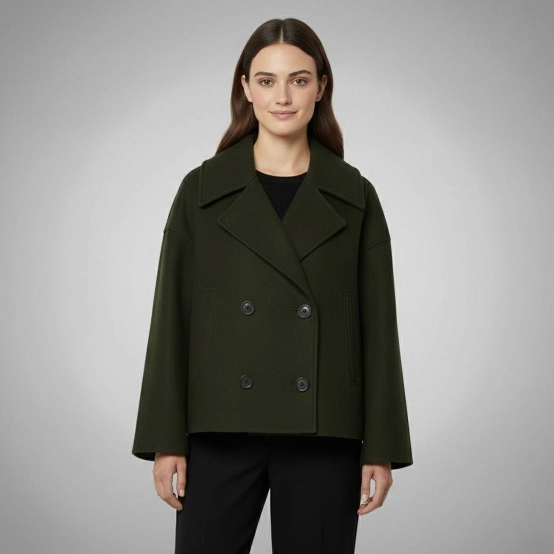 Eleganter Woll-Kurzmantel für Damen Zweireihig Oversized - Grün